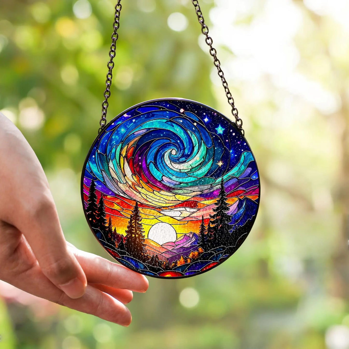 Netecom Aurora Glass Suncatcher – Northern Lights Forest Acrylic Window Hanging, Handcrafted Nature Decor Gift for Nature Lovers