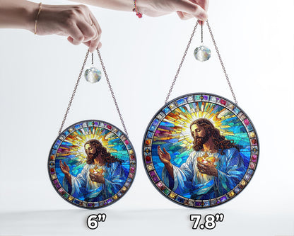 Netecom Christian Sacred Heart Stained Glass Art Jesus Window Decor Religious Suncatcher Gift Christmas Ornament