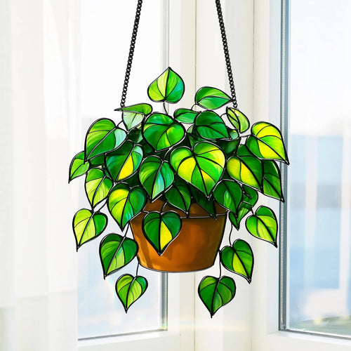 Netecom Pothos Plant Acrylic Suncatcher – Faux Stained Glass Window Hanging, Botanical Home Art Decor, Plant Lover Gift, Indoor Garden Hanging Decor