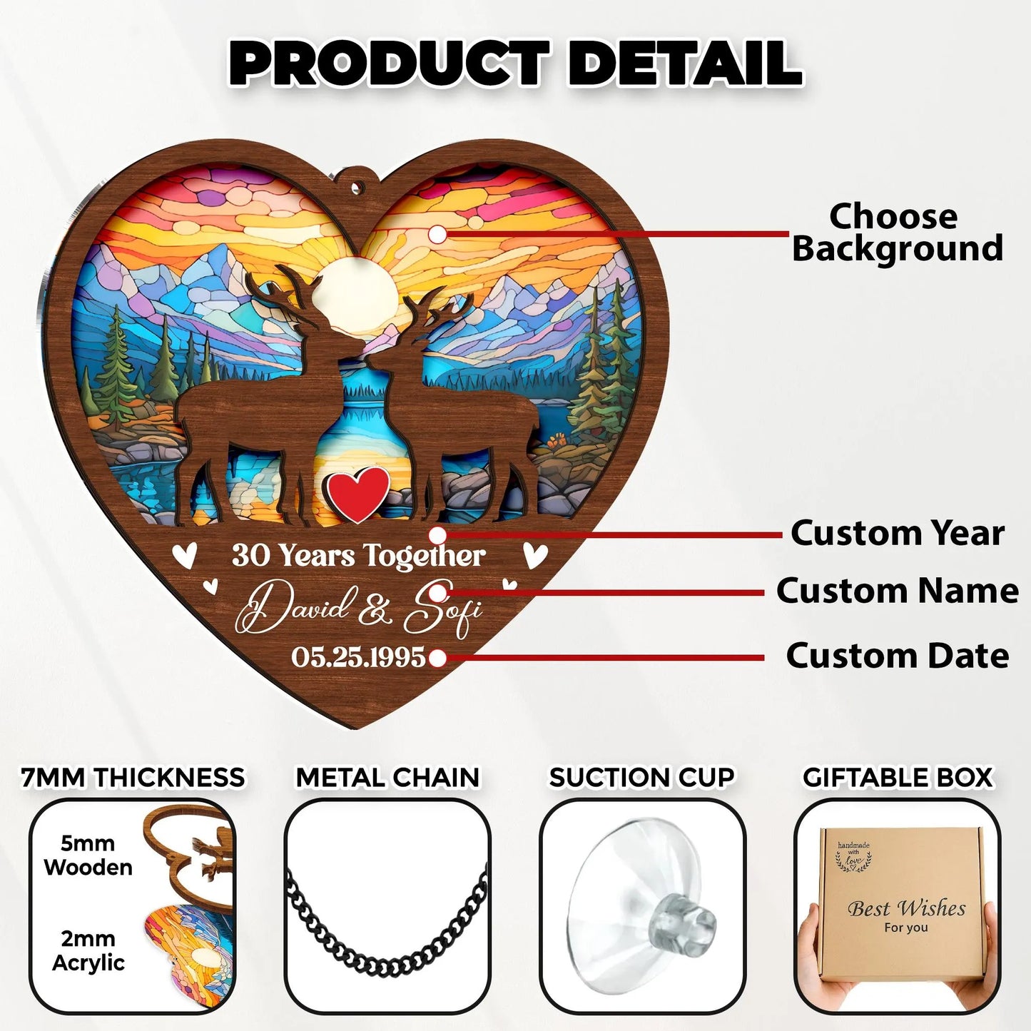 Netecom Wedding Anniversary Suncatcher – 30th Anniversary Couple Gift, Custom Anniversary Keepsake, Deer Couple, Elephant, Penguin Wedding Gift