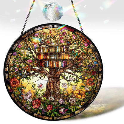 Netecom Flowers Book Stained Glass Suncatcher – Library Books Window Hanging, Bookish Home Decor, Gift for Book Lovers, Tree of Knowledge Ornament