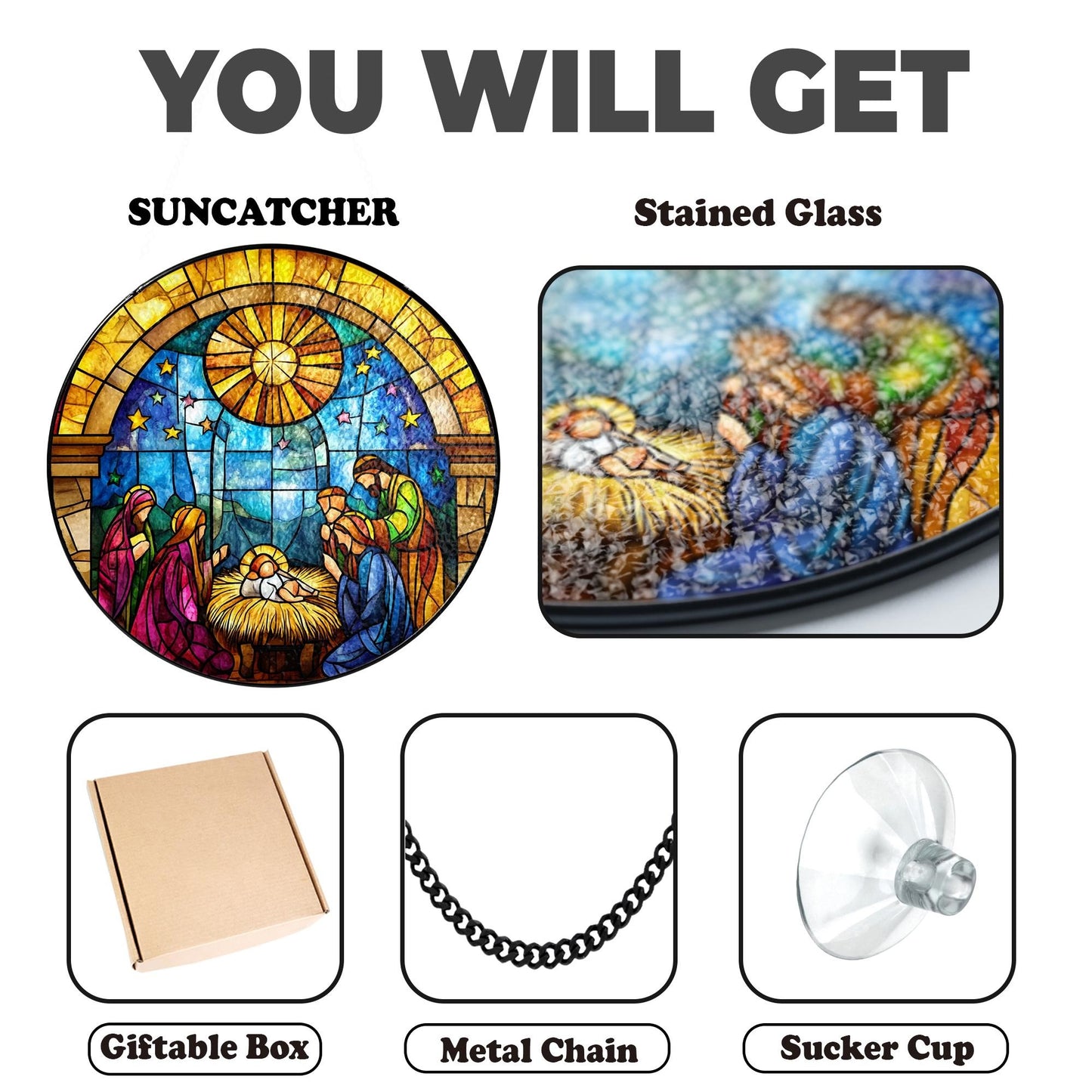 Netecom O Holy Night Window Hanging – Nativity Religious Ornament, Jesus Stained Glass Christmas Decor, Catholic Christmas Gift