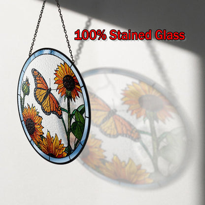 Netecom Butterfly Stained Glass Suncatcher – Sunflower & Floral Window Hanging Decor, Light Catcher Gift for Mom & Women