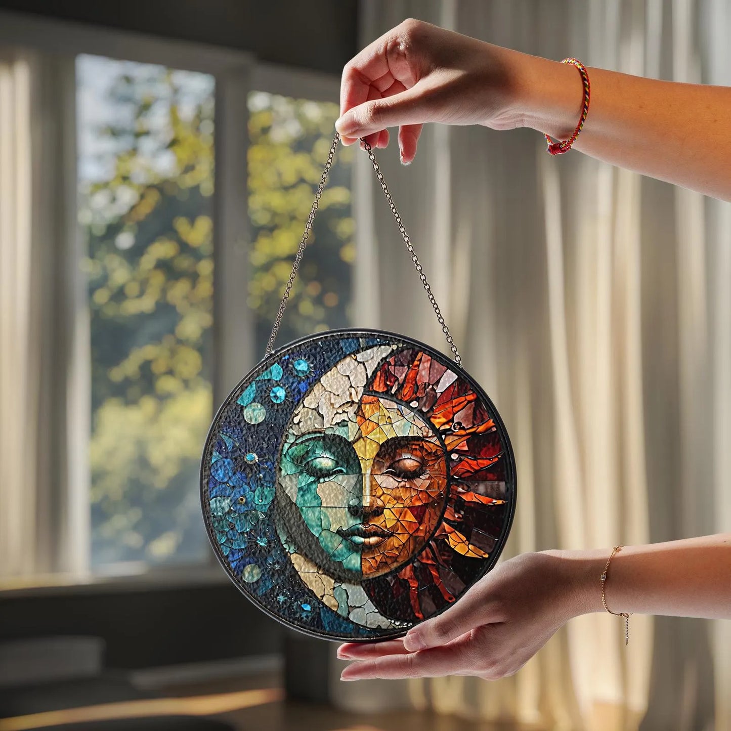 Netecom Celestial Sun and Moon Stained Glass Suncatcher – Astrology Window Hanging, Cosmic Nature Art, Christmas Gift for Friends and Home Decor Lovers