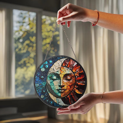 Netecom Celestial Sun and Moon Stained Glass Suncatcher – Astrology Window Hanging, Cosmic Nature Art, Christmas Gift for Friends and Home Decor Lovers