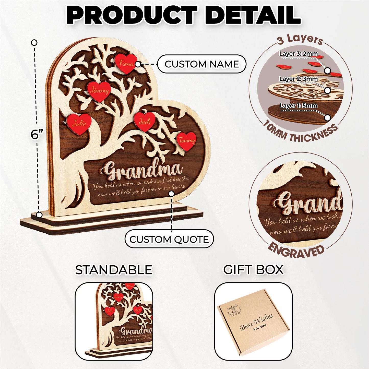 Netecom Personalized Family Tree Wooden Stand Custom Names Gift for Mom Mother’s Day Keepsake Grandma Home Decor