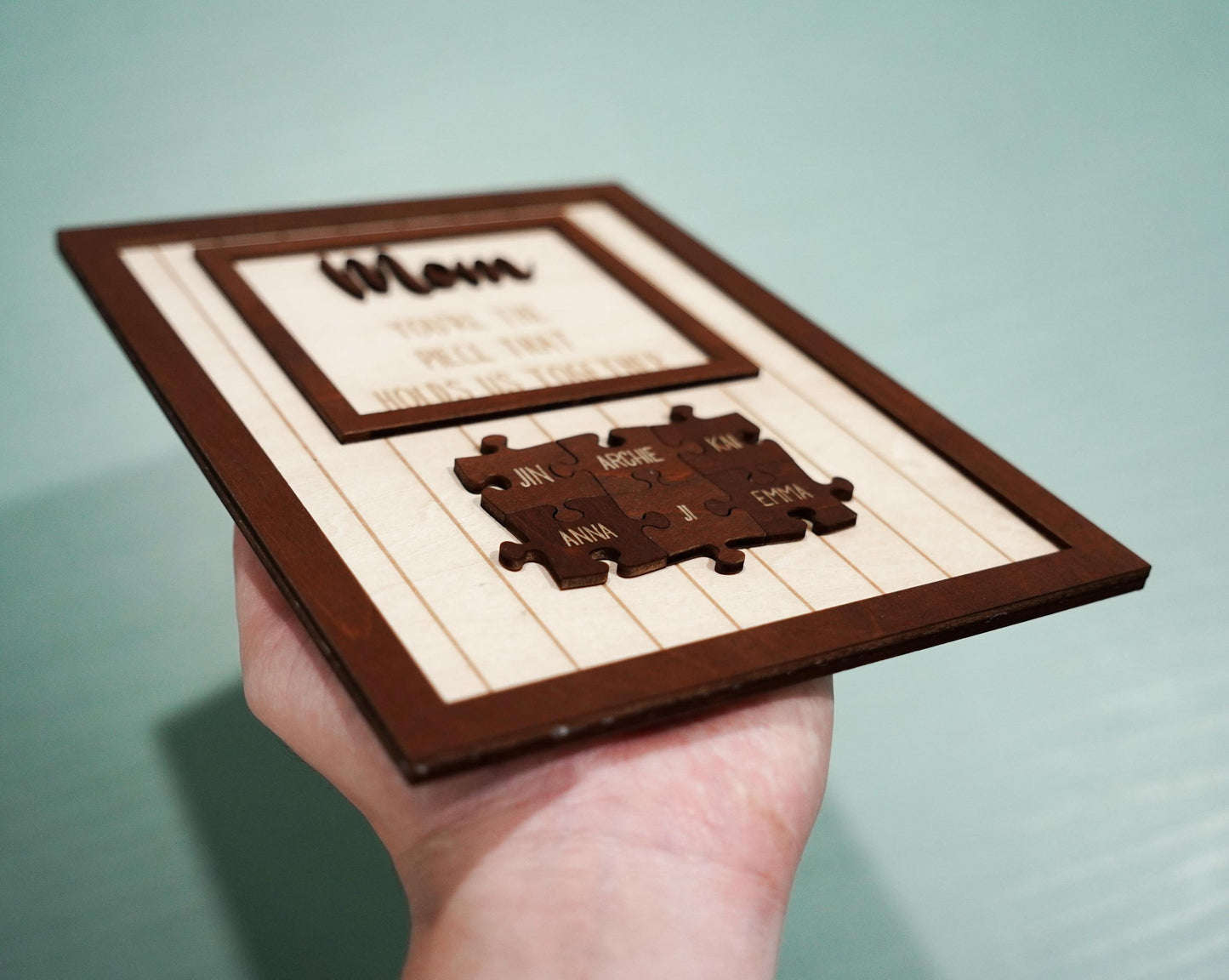 Netecom Personalized Mom Puzzle Wooden Frame Piece That Holds Us Together Sign Mother’s Day Gift for Mom Custom Family Name Keepsake