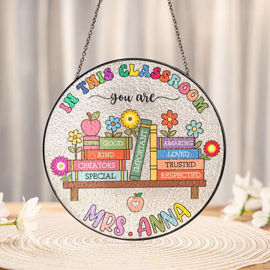 Netecom Personalized Teacher Stained Glass Suncatcher – Teacher Appreciation Gift for Back to School, Classroom Decor