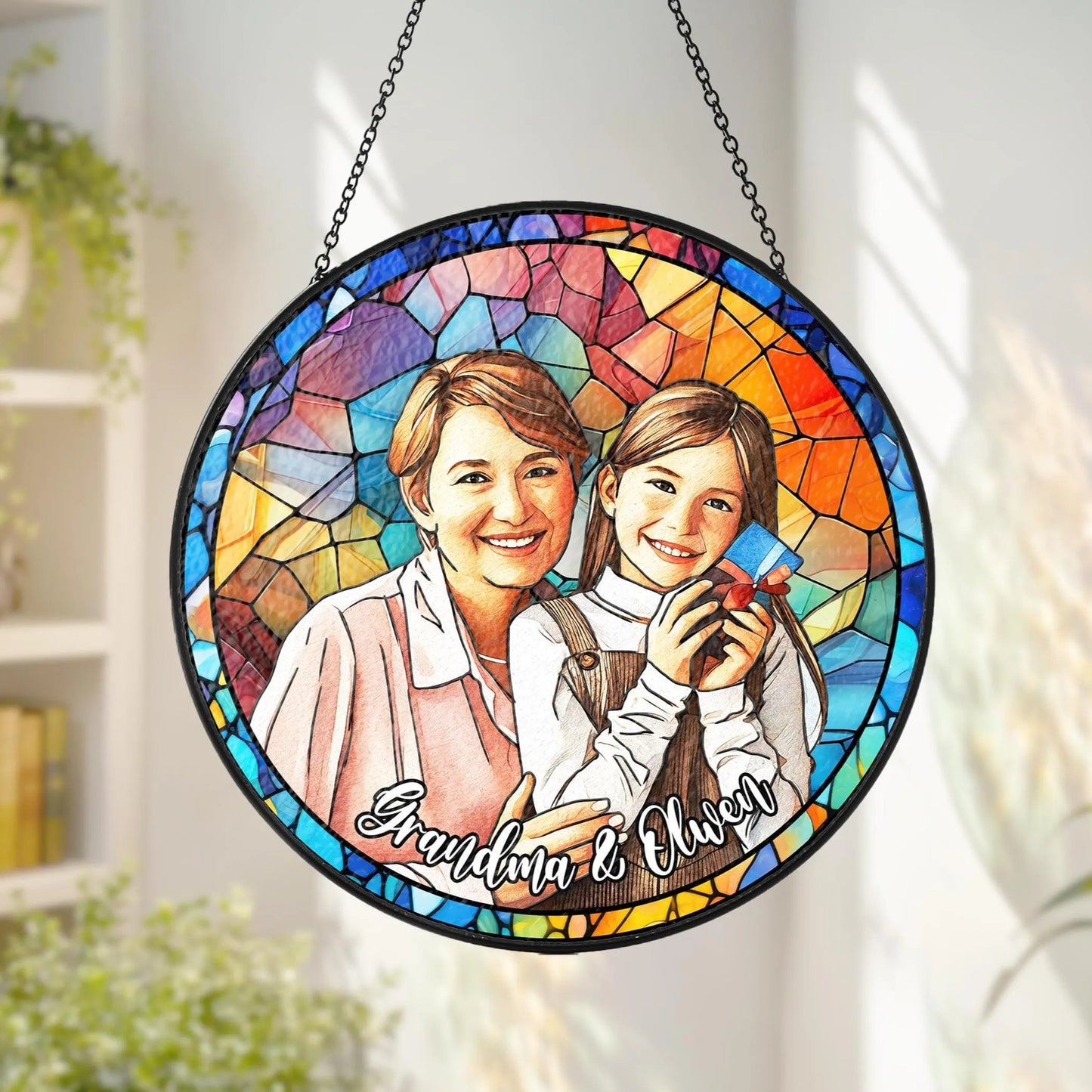 Netecom Personalized GrandmaGrandkids Stained Glass Suncatcher – Custom Family Portrait, Mother’s Day Gift, Nana Keepsake