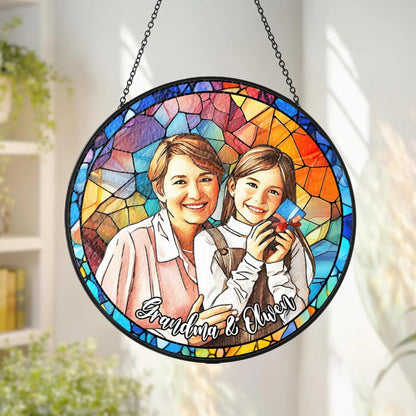 Netecom Personalized GrandmaGrandkids Stained Glass Suncatcher – Custom Family Portrait, Mother’s Day Gift, Nana Keepsake