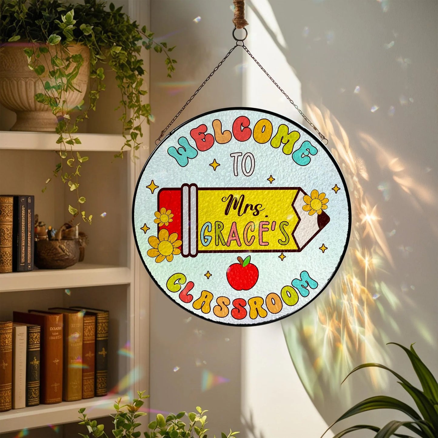 Netecom Personalized Teacher Stained Glass Suncatcher – Custom Teacher Appreciation Gift, Classroom Decor, Back to School Window Hanging
