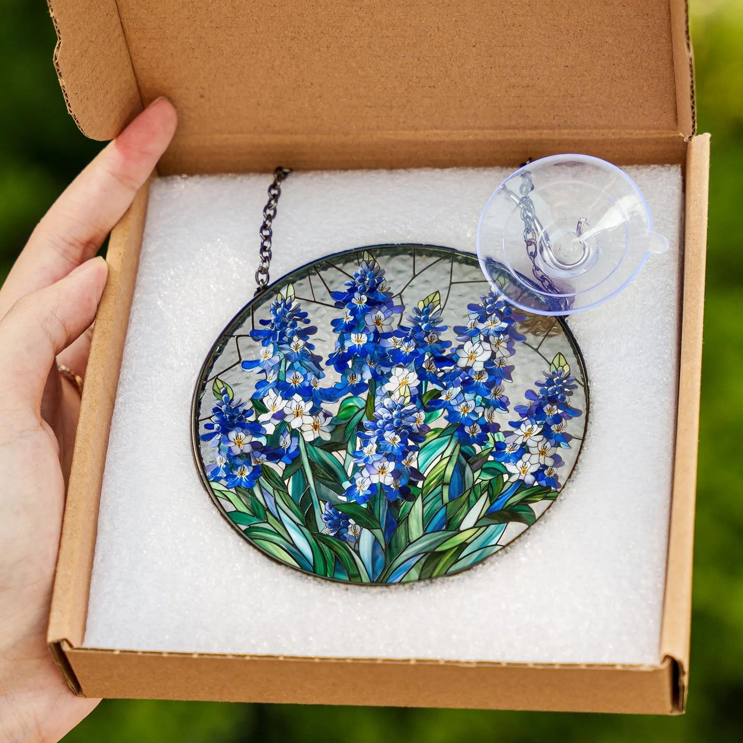 Netecom Blue Wildflower Stained Glass Suncatcher – Round Window Hanging Decor, Floral Sun Catcher Gift for Mom Grandma