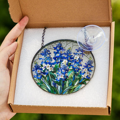 Netecom Blue Wildflower Stained Glass Suncatcher – Round Window Hanging Decor, Floral Sun Catcher Gift for Mom Grandma