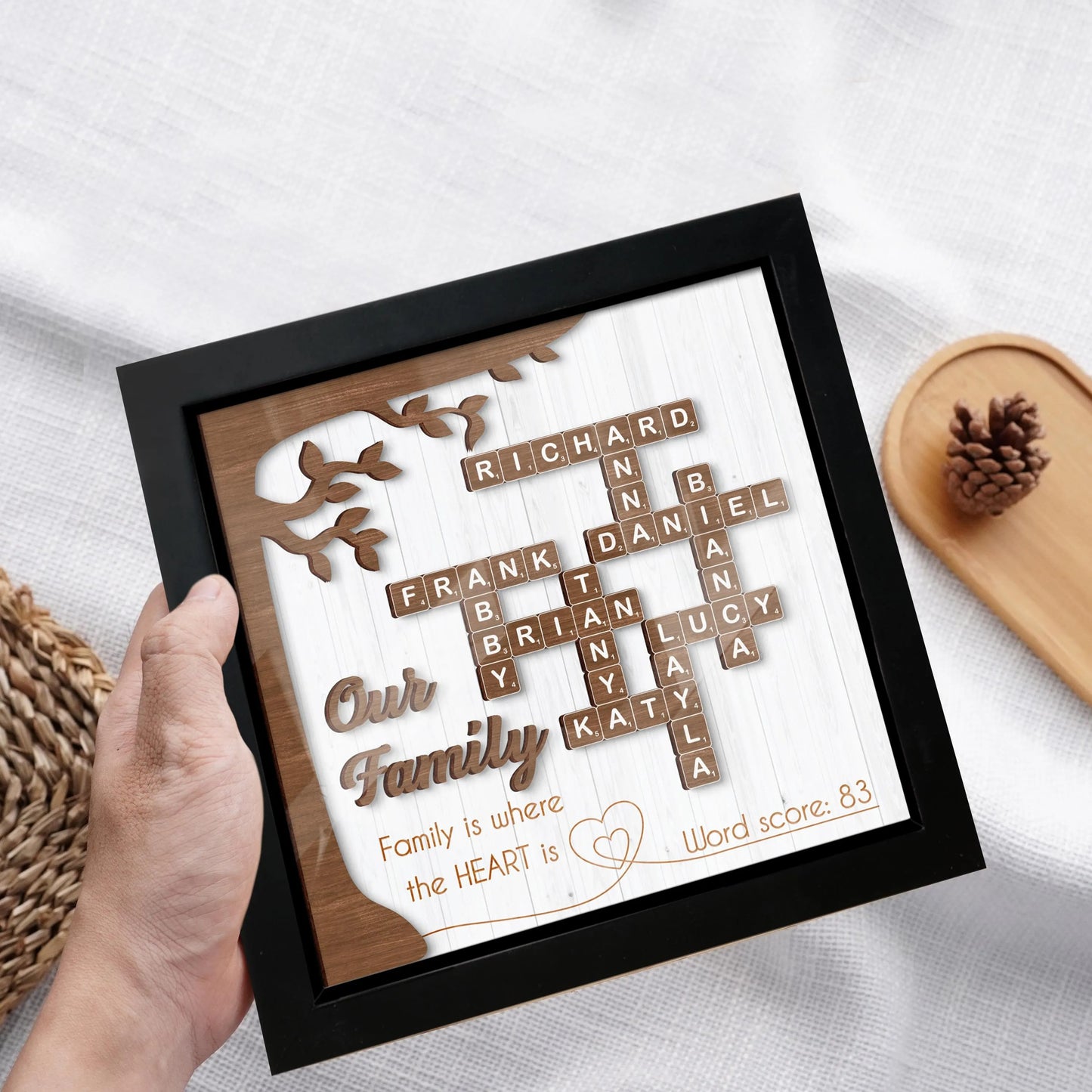 Netecom Custom Family Scrabble Puzzle Sign Personalized Family Name Frame Grandparents Keepsake Family Crossword Art Unique Family Decor
