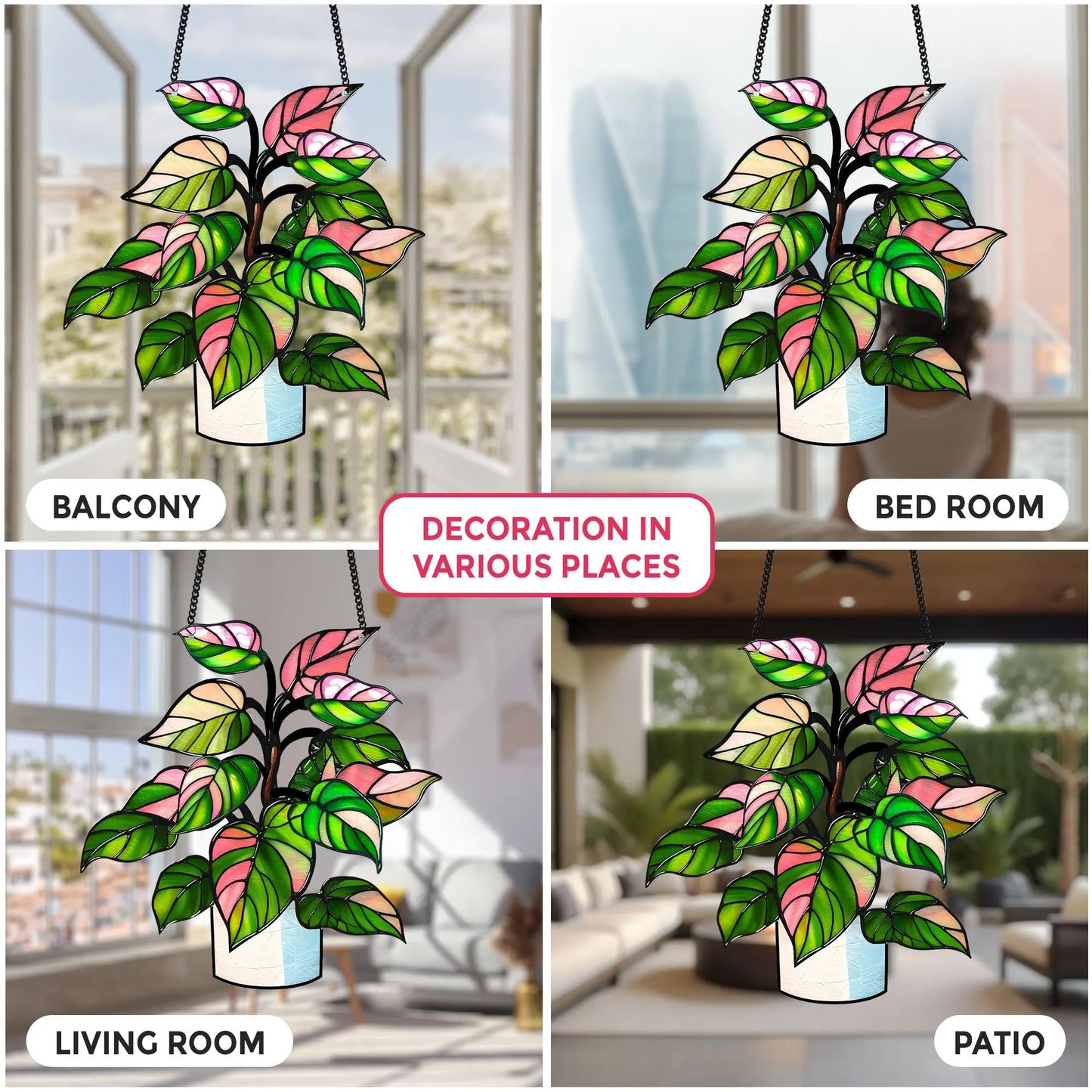 Netecom Philodendron White Princess Starter Plant Acrylic Suncatcher – Faux Stained Glass Window Hanging Decor for Plant Lovers, Rare Live Plant Garden Decor