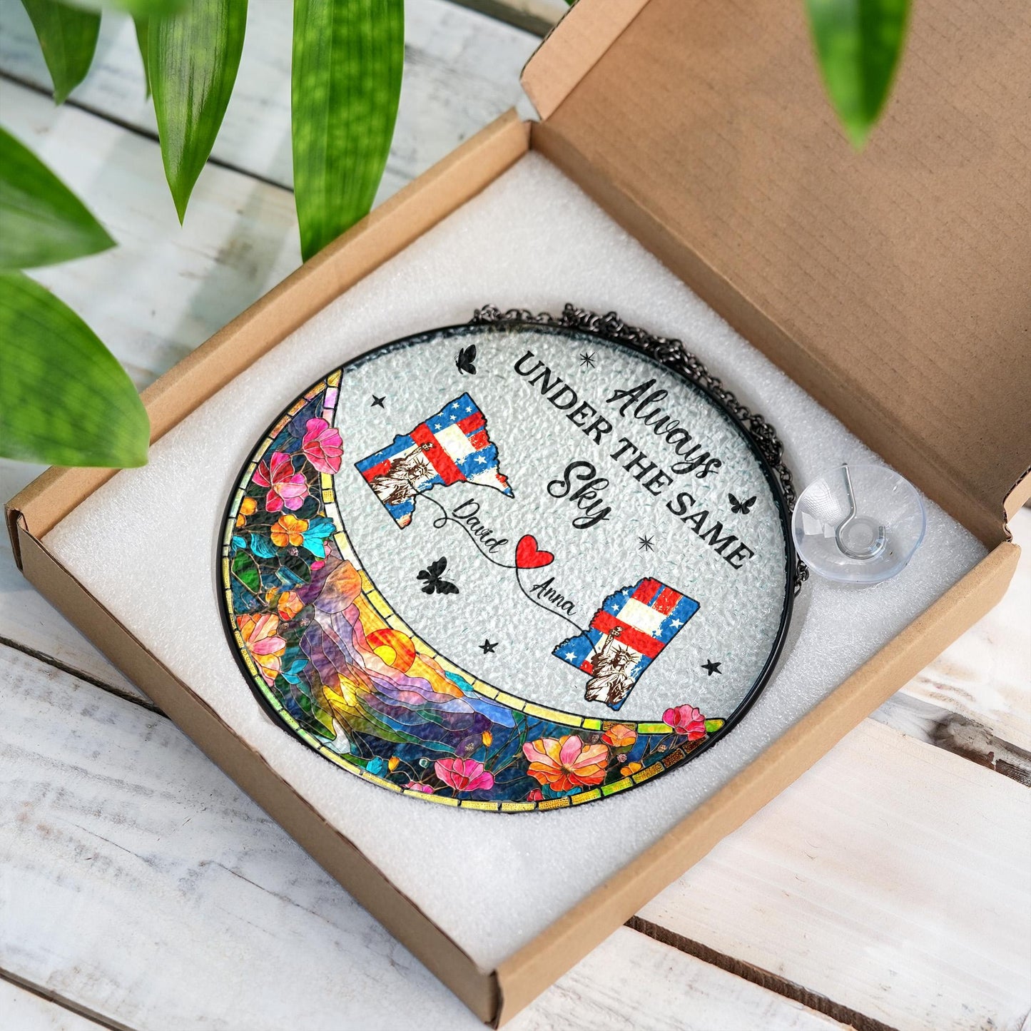 Netecom Personalized Long Distance Stained Glass Suncatcher, Always Under the Same Sky Gift, Long Distance Friendship Keepsake, Sister Best Friend