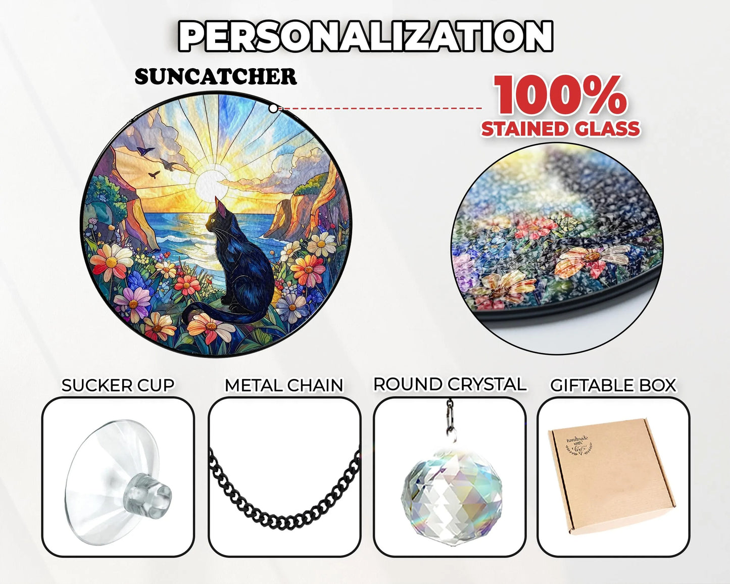 Netecom Memorial Stained Glass Suncatcher, Pet Loss Sympathy Gift, Flower Glass Art Window Hanging, Cat Lover Gift