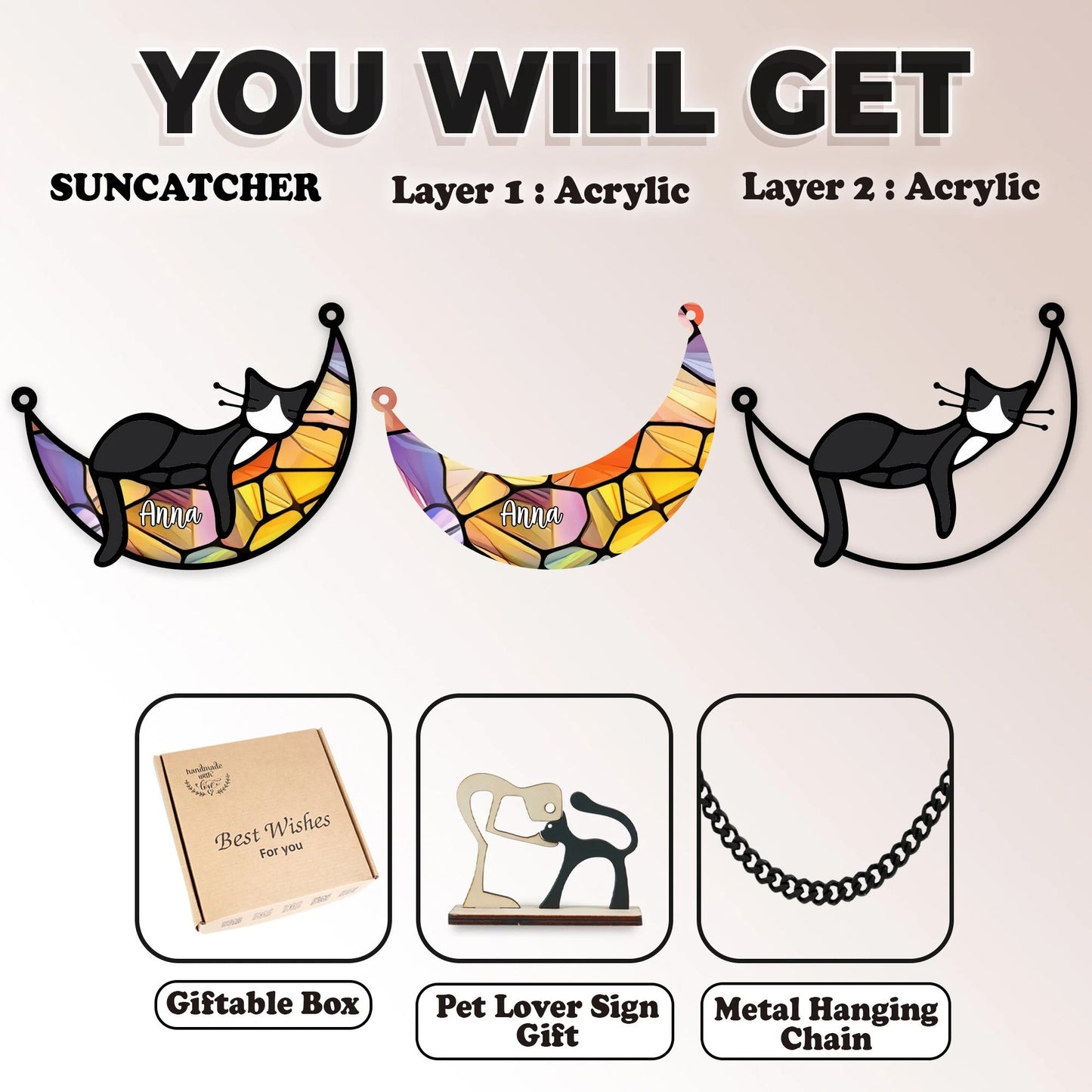 Netecom Custom Sleeping Cat Memorial Suncatcher – Personalized Pet Remembrance Gift for Cat Lovers, Cat Loss Tribute, Pet Memorial, Dog Lover Keepsake