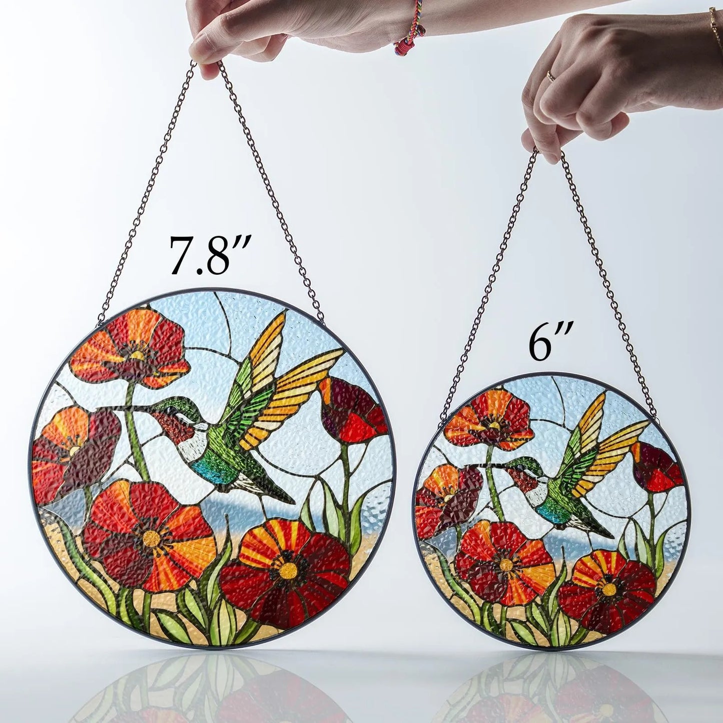 Netecom Hummingbird Poppy Flower Stained Glass Suncatcher – Bird Glass Art, Nature-Inspired Window Hanging, Gift for Hummingbird Lovers