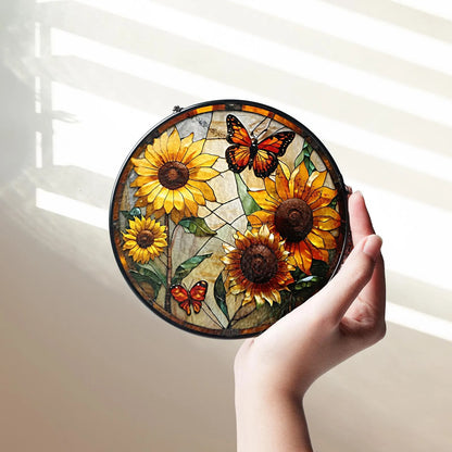 Netecom Monarch Butterflies & Sunflowers Stained Glass Suncatcher – Butterfly Window Hanging, Light Catcher Gift for Mom Grandma Women
