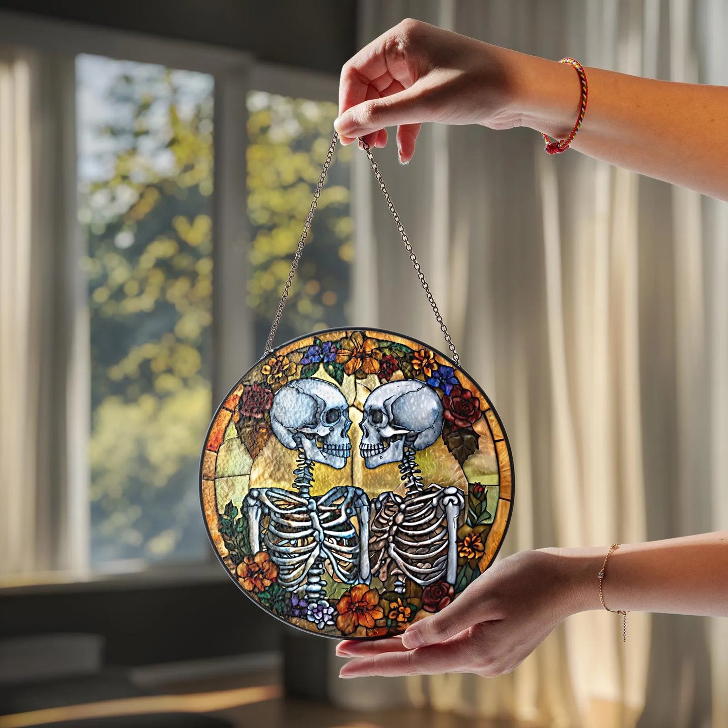 Netecom Couple Skeleton Stained Glass Suncatcher – Dark Romance Gothic Wedding Gift, Till Death Do Us Part, Valentine’s Day & Anniversary Gift for Him Her