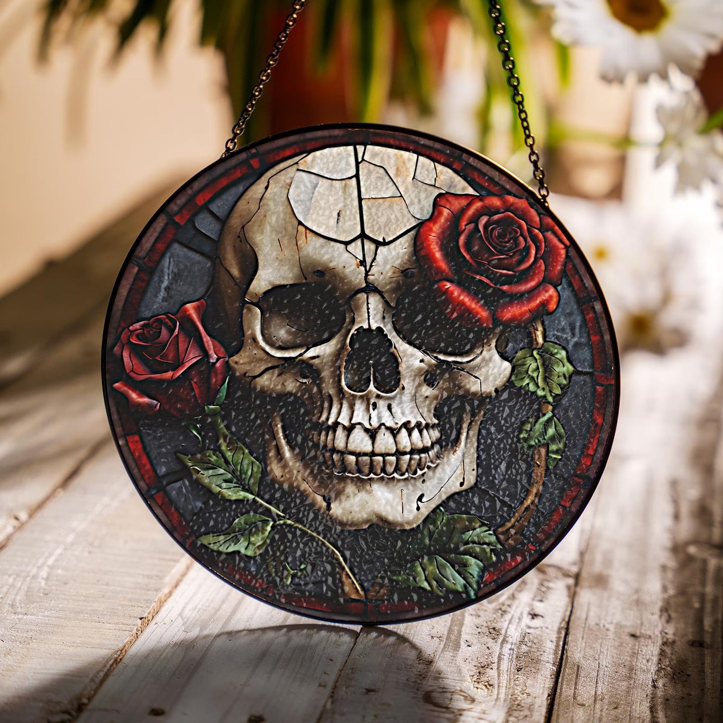 Netecom Gothic Skull Skeleton Stained Glass Suncatcher, Dark Romance Halloween Gift, Spooky Wedding Decor, Unique Anniversary Christmas Gift for Him and Her