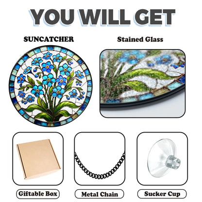 Netecom Forget-Me-Not Stained Glass Suncatcher – Blue Floral Window Hanging, Boho Nature-Inspired Art, Botanical Glass Ornament