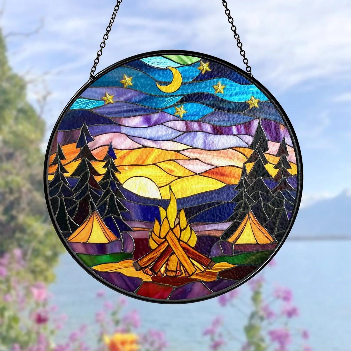 Netecom Starry Camp Fire Stained Glass Suncatcher - Adventure Begins, Seek Adventure, Camping & Travel Gift, Vacation Decor, Gift for Adventure Lovers