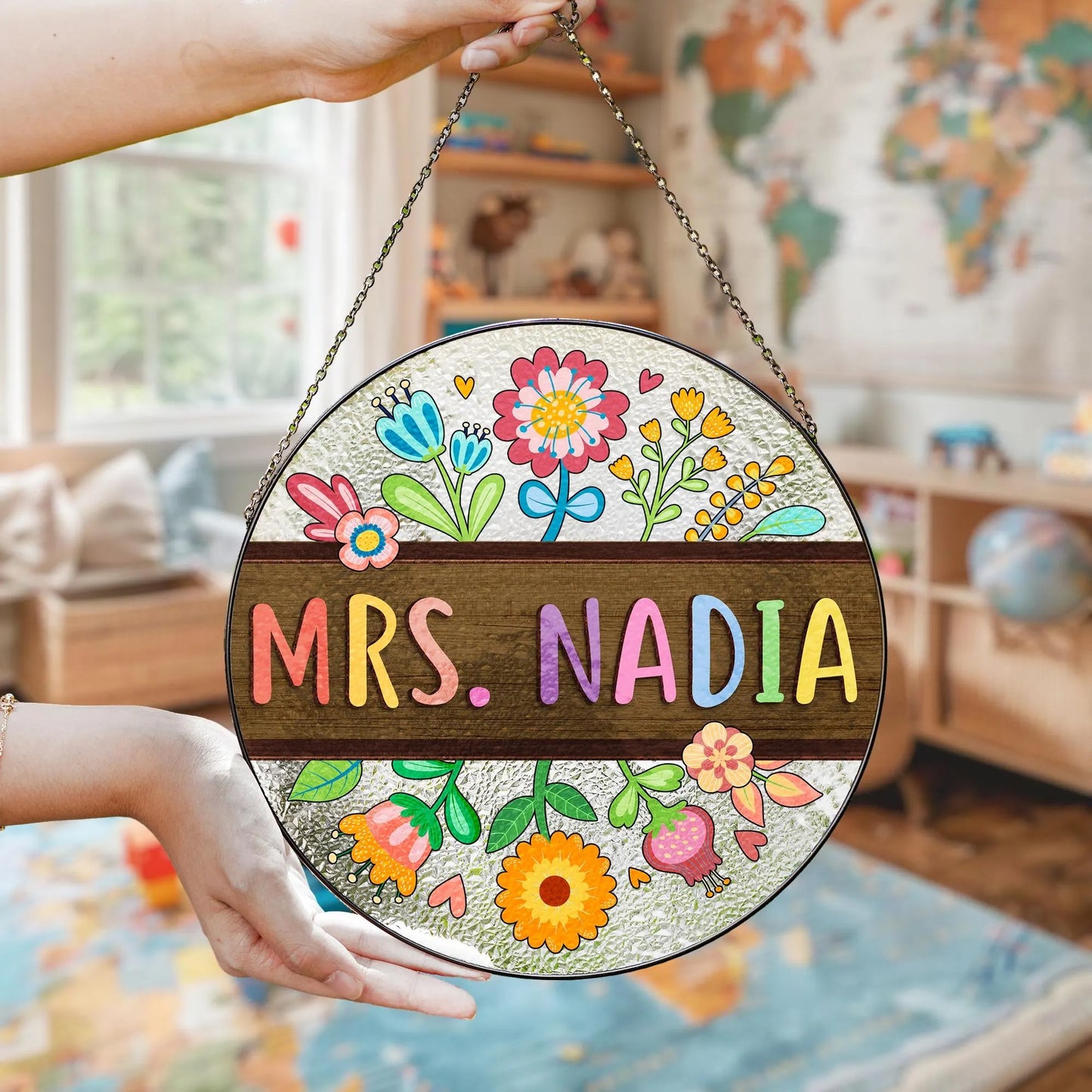 Netecom Custom Teacher Appreciation Stained Glass Gift For Teacher Floral Teacher Name Suncatcher Classroom Back To School Gift Teacher Welcome Sign