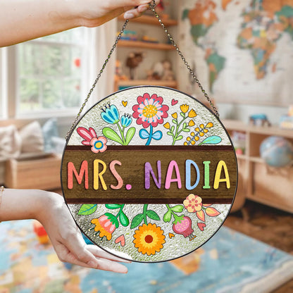 Netecom Custom Teacher Appreciation Stained Glass Gift For Teacher Floral Teacher Name Suncatcher Classroom Back To School Gift Teacher Welcome Sign
