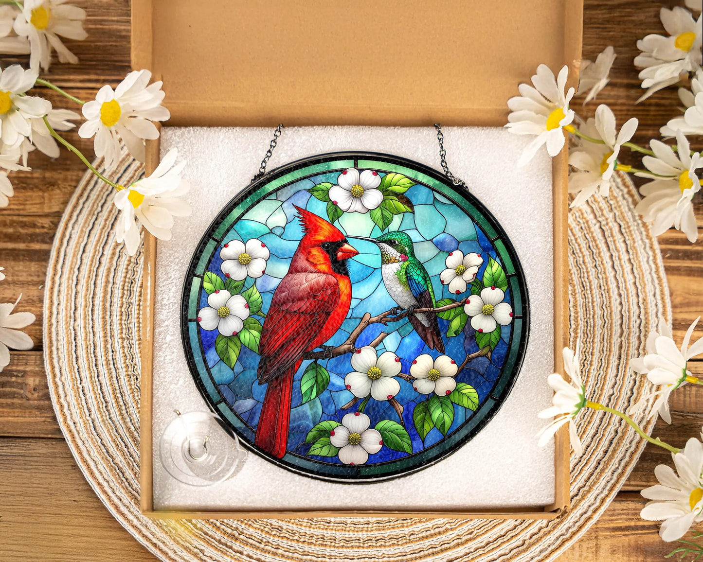 Netecom Cardinal Hummingbird Stained Glass Suncatcher – Window Hanging, Bird Lover Gift, Memorial Suncatcher, Elegant Home Decor, Memorial Gift for Women