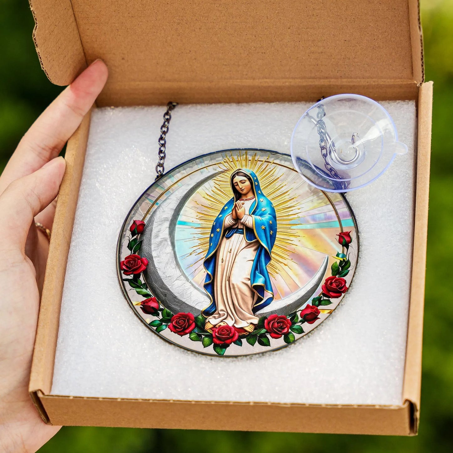 Netecom Our Lady of Guadalupe Stained Glass Window Hanging – Mexican Mom Gift, Latin Culture Art, Mother’s Day Tribute for Mom Grandmothers