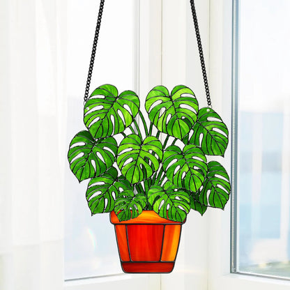 Netecom Monstera Leaves Acrylic Suncatcher – Faux Stained Glass Window Hanging Decor, Plant Lover Gift, Monstera Home, Garden Decor for Men Women