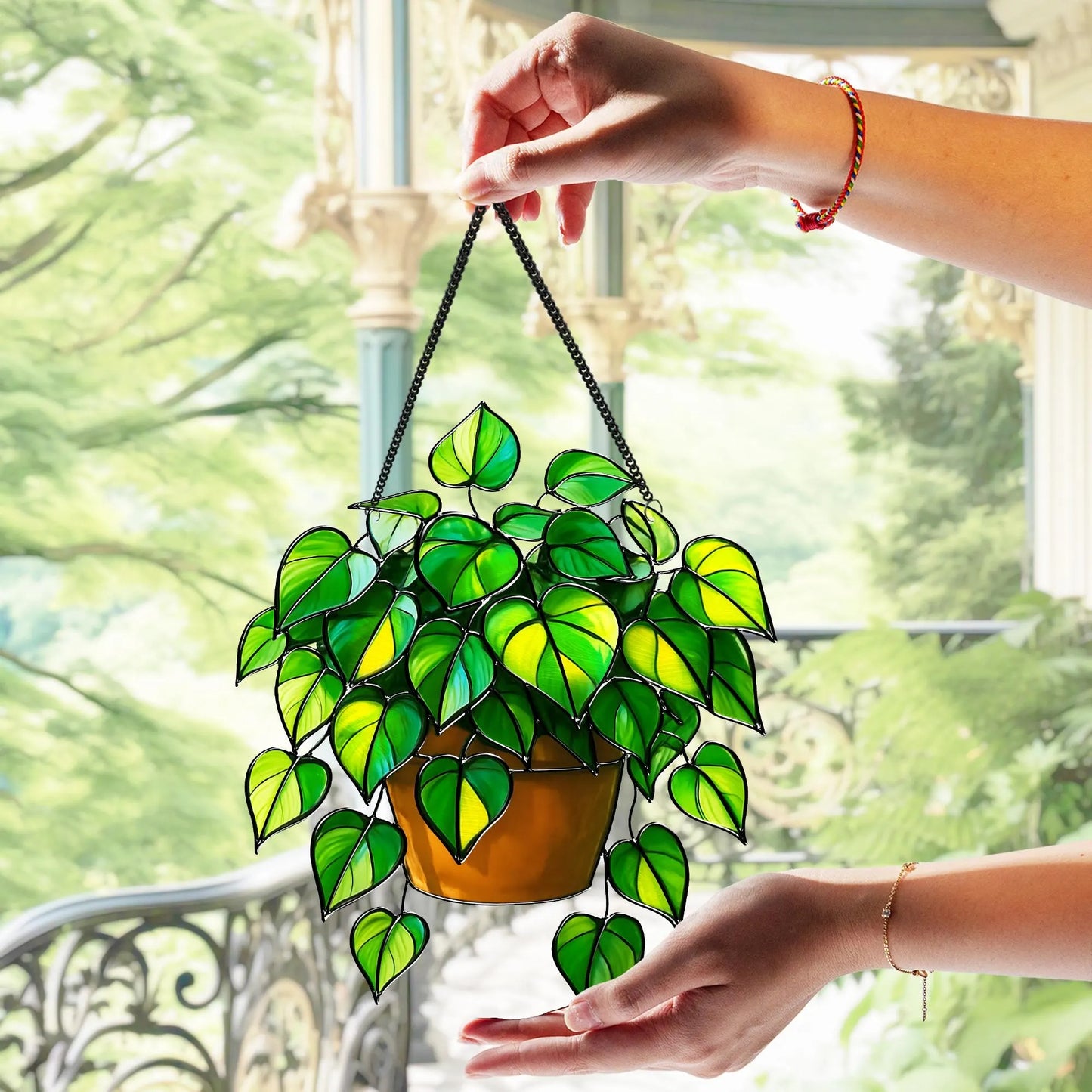 Netecom Pothos Plant Acrylic Suncatcher – Faux Stained Glass Window Hanging, Botanical Home Art Decor, Plant Lover Gift, Indoor Garden Hanging Decor