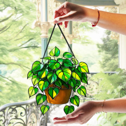 Netecom Pothos Plant Acrylic Suncatcher – Faux Stained Glass Window Hanging, Botanical Home Art Decor, Plant Lover Gift, Indoor Garden Hanging Decor