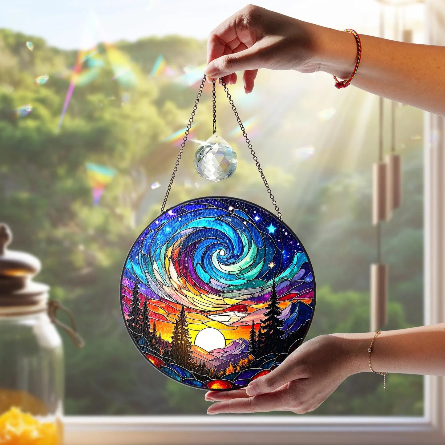 Netecom Aurora Glass Suncatcher – Northern Lights Forest Acrylic Window Hanging, Handcrafted Nature Decor Gift for Nature Lovers