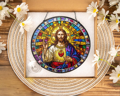 Netecom Christian Sacred Heart Stained Glass Art Jesus Window Decor Religious Suncatcher Gift Christmas Ornament