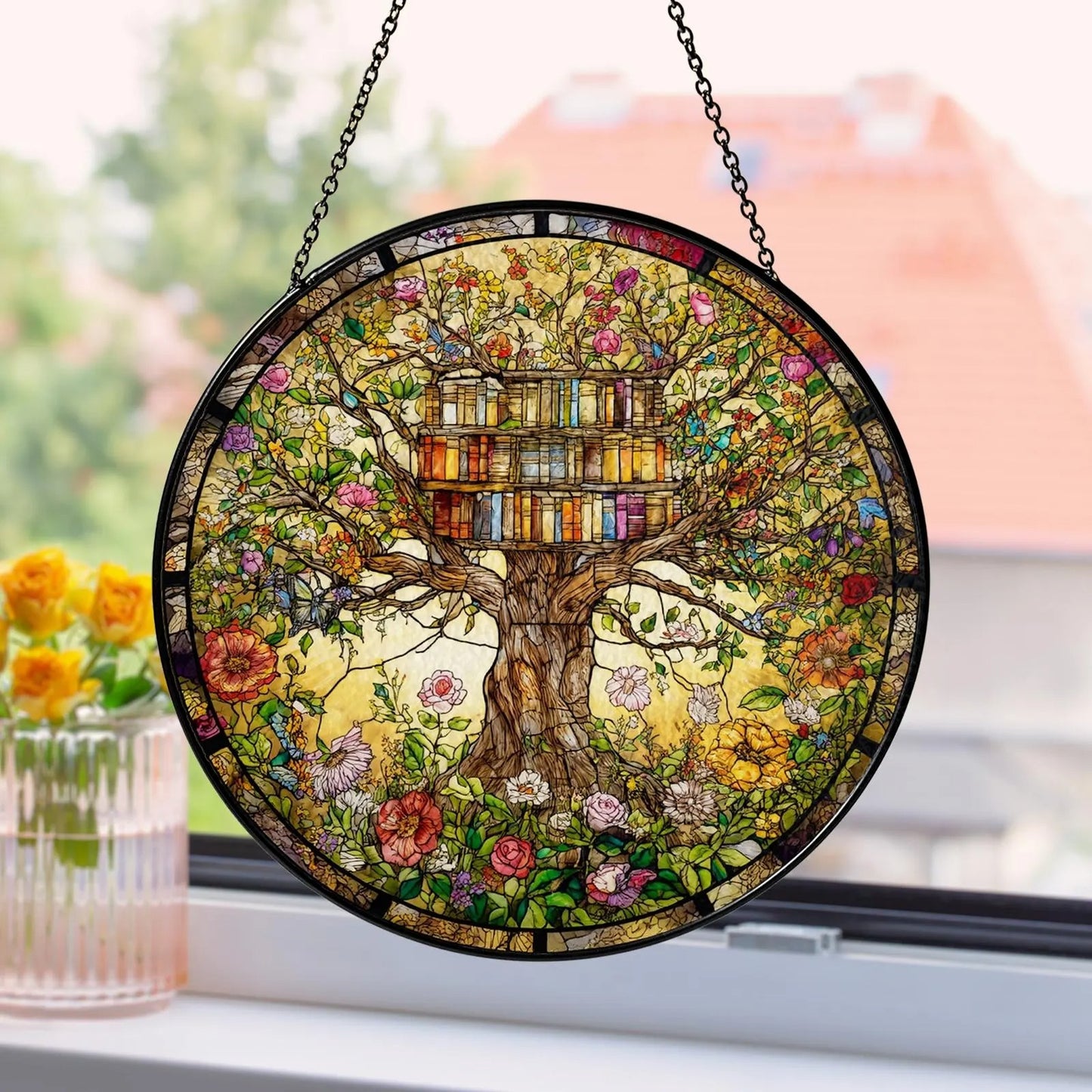 Netecom Flowers Book Stained Glass Suncatcher – Library Books Window Hanging, Bookish Home Decor, Gift for Book Lovers, Tree of Knowledge Ornament