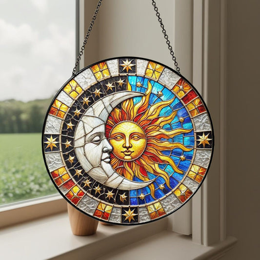 Netecom Celestial Sun & Moon Stained Glass Suncatcher Window Hanging, Night Sky Light Catcher, Starry Cosmic Home Decor Gift