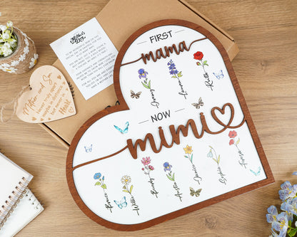 Netecom Personalized Birth Month Flowers Sign Custom Mother's Day Gift for Mom & Nana First Mom Now Grandma Heart Wooden Sign Custom Family Gift
