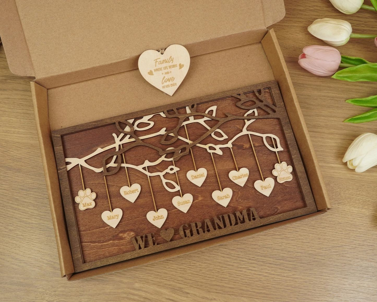 Netecom Personalized Family Tree Wood Sign Custom Grandkids Names with Hanging Hearts Love Grows Here Decor Mother’s Day Gift for Mom