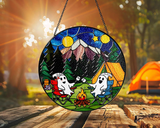 Netecom Custom Ghost Couple Camping Stained Glass Suncatcher – Funny Halloween Gift for Couples, Boo Travel Anniversary Gift for Him Her, Valentine Window Hanging