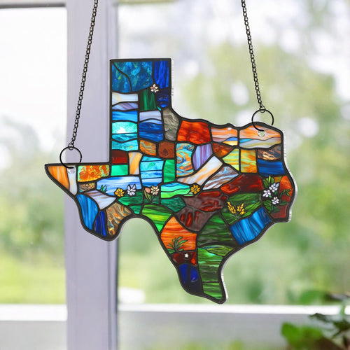 Netecom Custom Texas Suncatcher – Northern Mockingbird & Bluebonnet Window Hanging, Texas State Map Decorative Home Gift for Women Men Mom