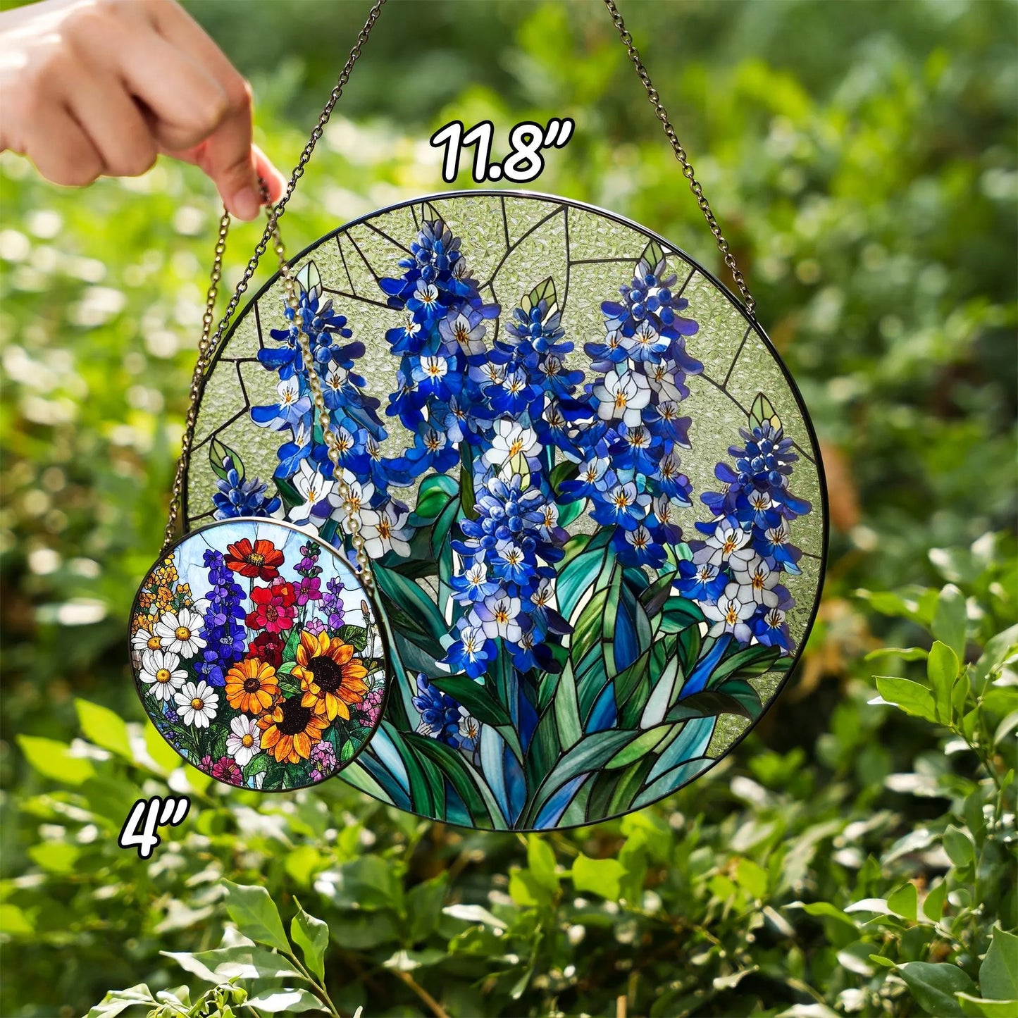 Netecom Blue Wildflower Stained Glass Suncatcher – Round Window Hanging Decor, Floral Sun Catcher Gift for Mom Grandma