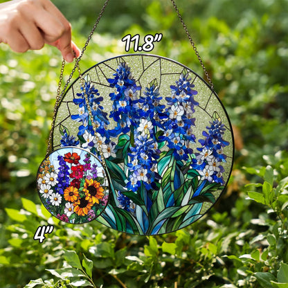 Netecom Blue Wildflower Stained Glass Suncatcher – Round Window Hanging Decor, Floral Sun Catcher Gift for Mom Grandma