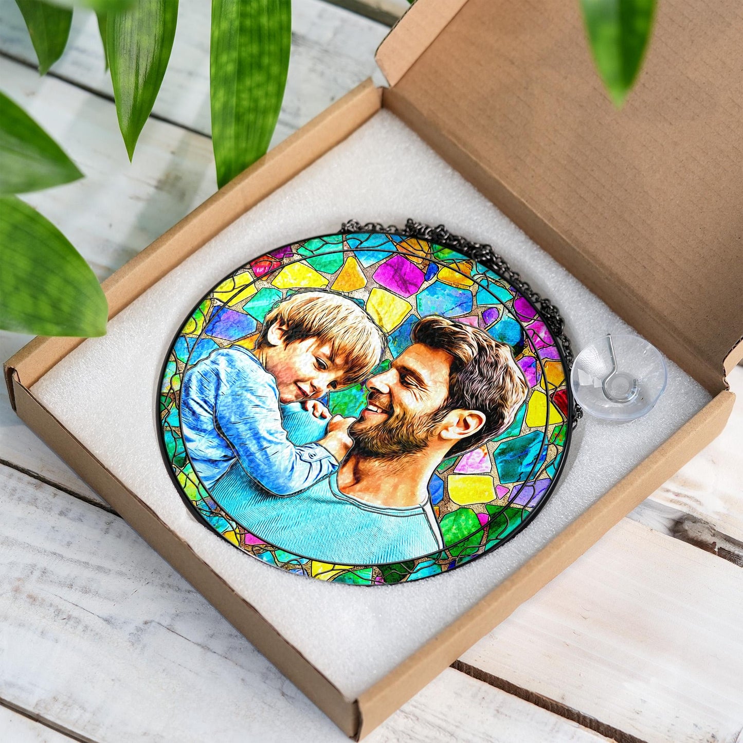 Netecom Personalized Dad Gift – Custom Stained Glass Suncatcher,  Father’s Day Birthday Christmas for Dad Men, Photo Window Hanging Keepsake