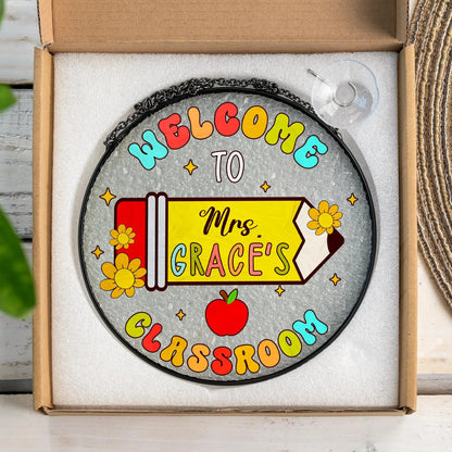 Netecom Personalized Teacher Stained Glass Suncatcher – Custom Teacher Appreciation Gift, Classroom Decor, Back to School Window Hanging