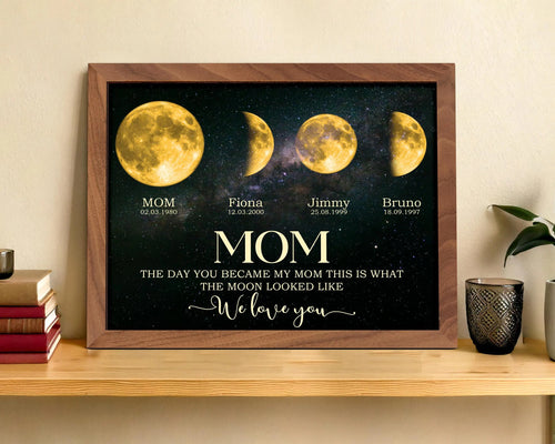 Netecom Personalized Moon Phase Frame with Kids' Names The Day You Became My Mom Gift Moon Phase Print Frame for Mother's Day Gift for Mama Unique Keepsake