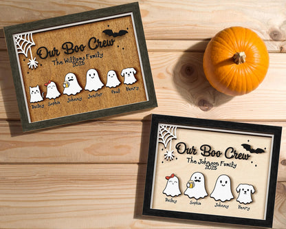 Netecom Personalized Ghost Family Halloween Wood Sign Our Boo Crew Custom Name Decor Spooky Home Wall Art Cute Holiday Keepsake
