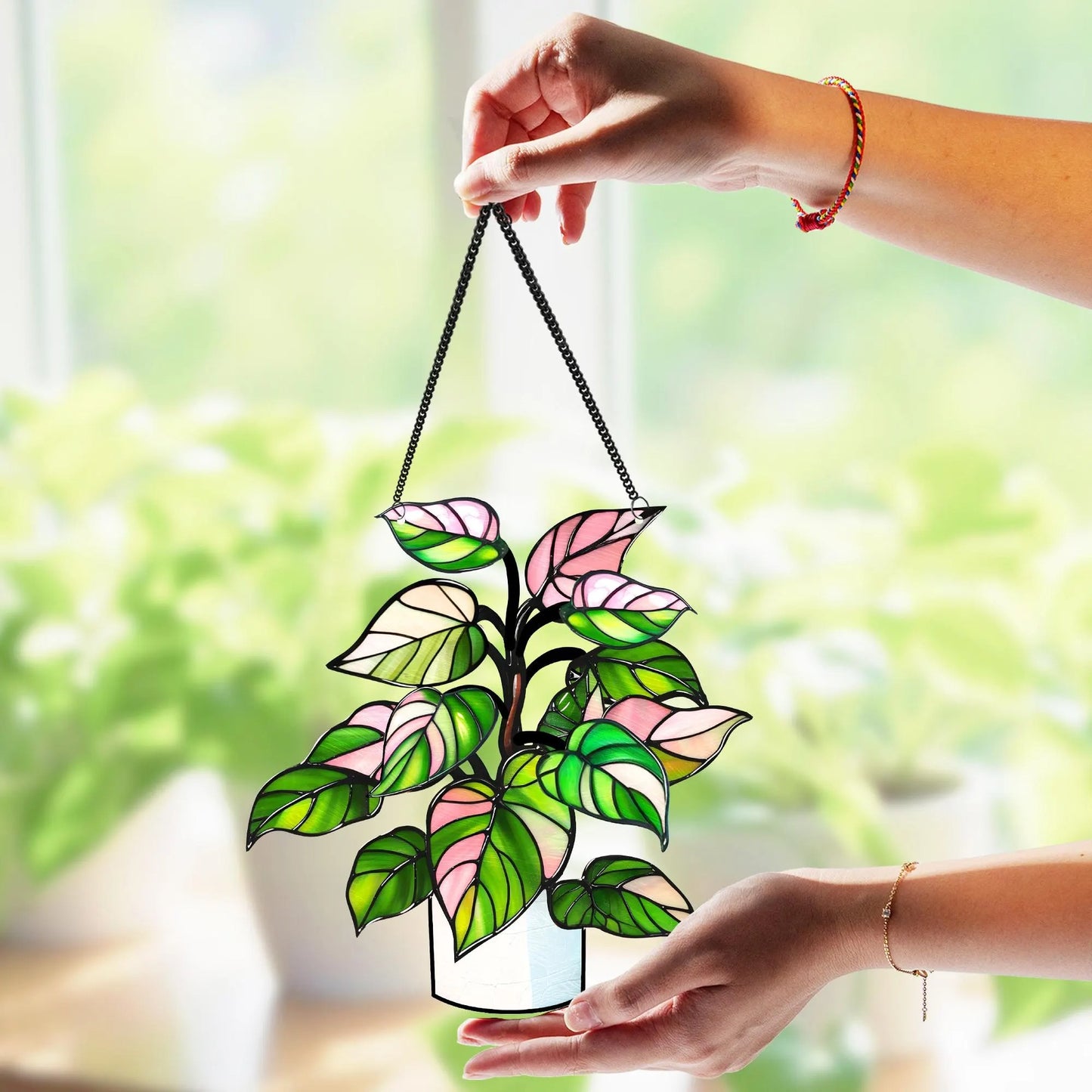 Netecom Philodendron White Princess Starter Plant Acrylic Suncatcher – Faux Stained Glass Window Hanging Decor for Plant Lovers, Rare Live Plant Garden Decor